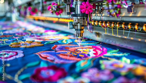 An embroidery machine working on a colorful