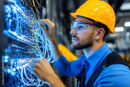 A technician working with fiber optic cables, showcasing high-speed internet and global connectivity