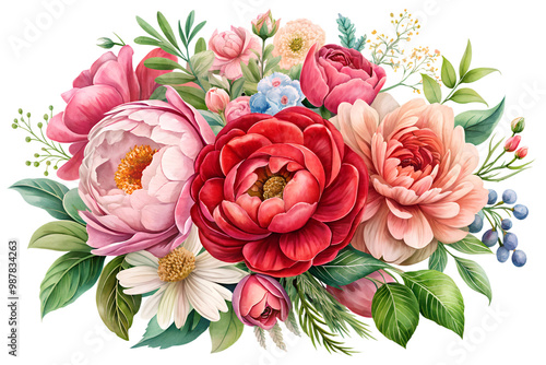 A vibrant floral illustration bouquet of mixed flowers on transparent background