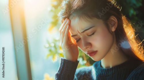 Young woman touching on head with feeling headache, looking concerned and stressed out. Woman feeling stressed, Sick, Tired, Thinking over bad news, Problems photo