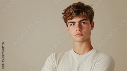 A bored young man with a blank expression poses in front of a neutral background, perfect for adding text or additional graphic elements.