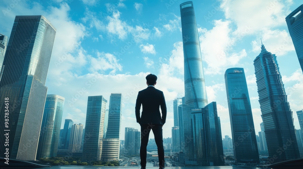 A Chinese businessman stands tall, gazing towards the future in front of towering city skyscrapers. The cinematic blue sky reflects his determination and ambition. - A Chinese businessman stands tall, gazing towards the future in front of towering city skyscrapers. The cinematic blue sky reflects his determination and ambition. -