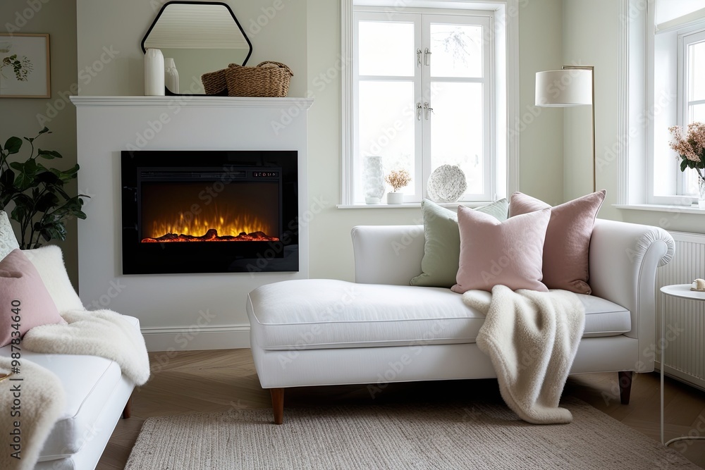 Fototapeta premium Scandinavian Cozy Living Room with White Chaise Pastel Pillows Shearling Blankets and Electric Fireplace