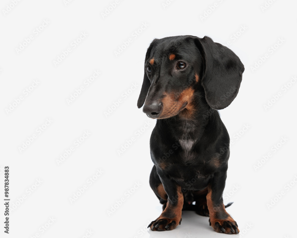 adorable teckel dachshund dog looking to side and sitting adorable teckel dachshund dog looking to side and sitting