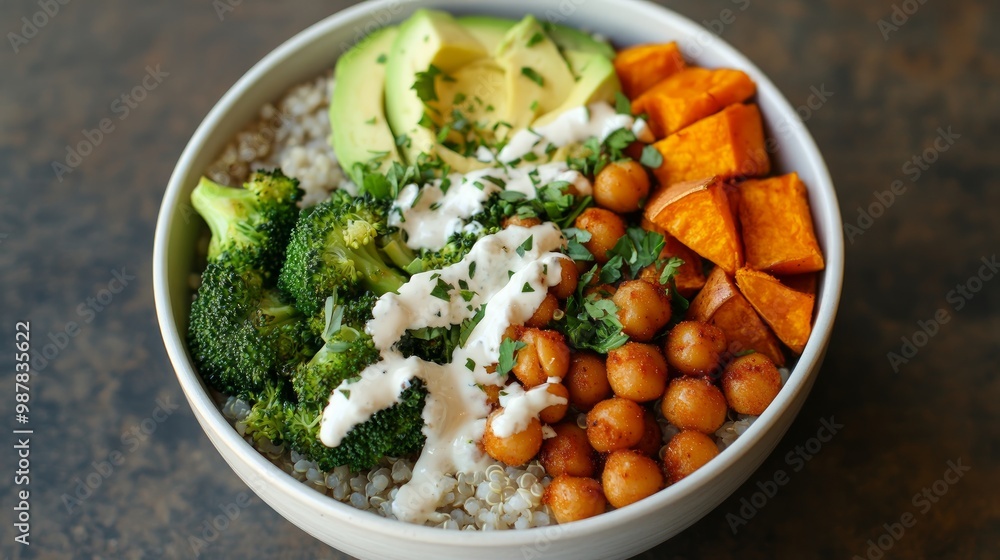 Vegan Buddha Bowl. A hearty bowl with a base of brown rice or quinoa, topped with roasted sweet potatoes, chickpeas, steamed broccoli, avocado, and a drizzle of tahini sauce Vegan Buddha Bowl. A hearty bowl with a base of brown rice or quinoa, topped with roasted sweet potatoes, chickpeas, steamed broccoli, avocado, and a drizzle of tahini sauce