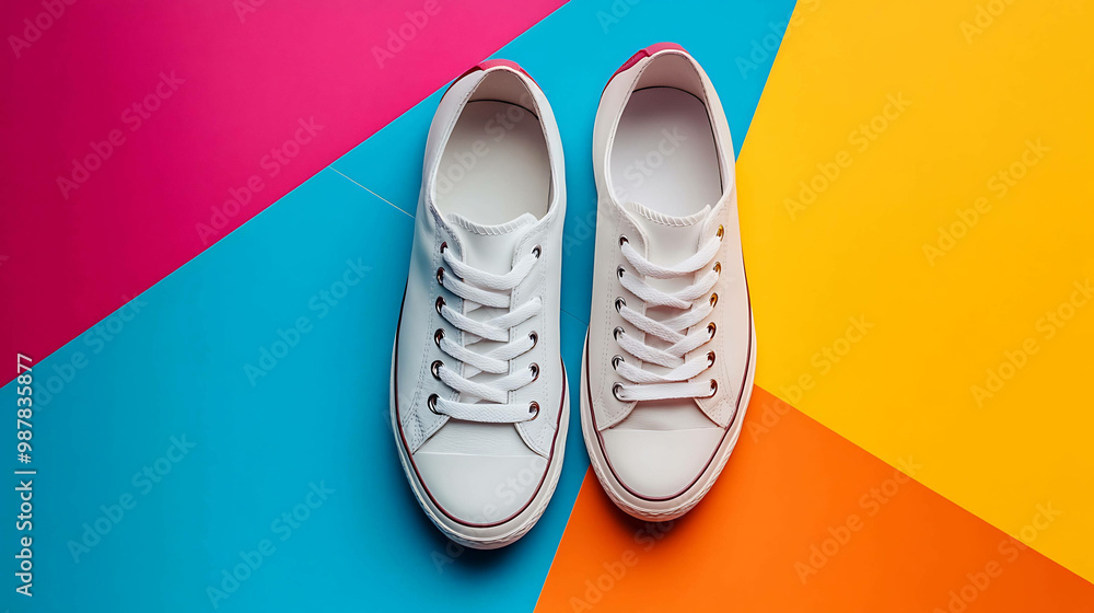 A pair of white canvas sneakers on a colorful background. A pair of white canvas sneakers on a colorful background.
