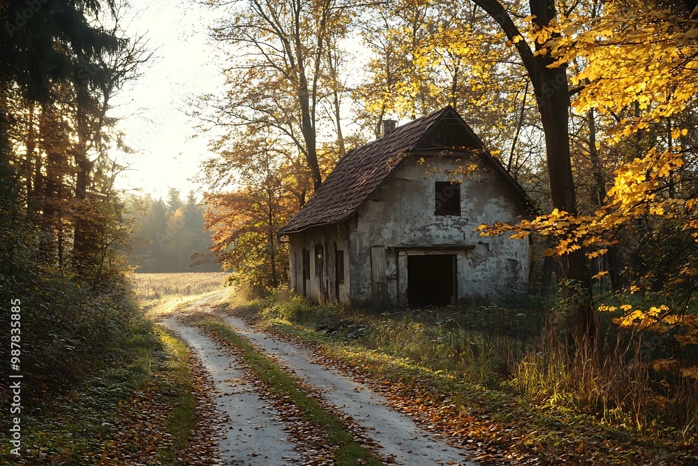 Obraz premium Abandoned House in the Woods with Autumn Foliage