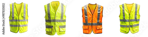 Four safety vests in bright colors on transparent background