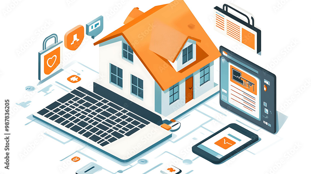 Illustration of house with smart home devices and a laptop. Illustration of house with smart home devices and a laptop.