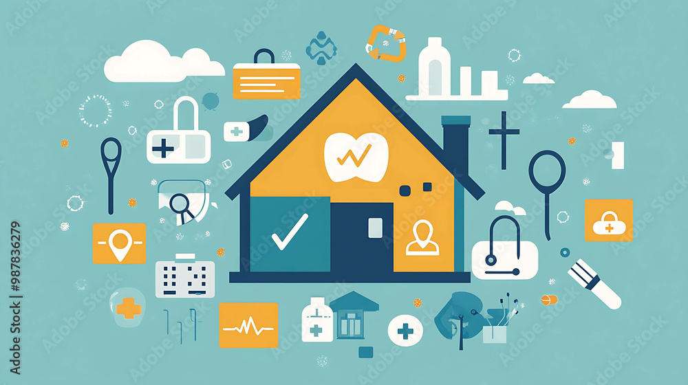 Illustration of a house with icons representing healthcare services. Illustration of a house with icons representing healthcare services.