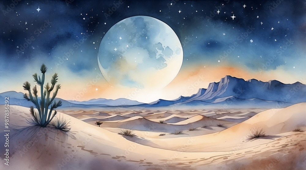 Serene watercolor desert landscape with a large moon and starry sky at dusk Serene watercolor desert landscape with a large moon and starry sky at dusk
