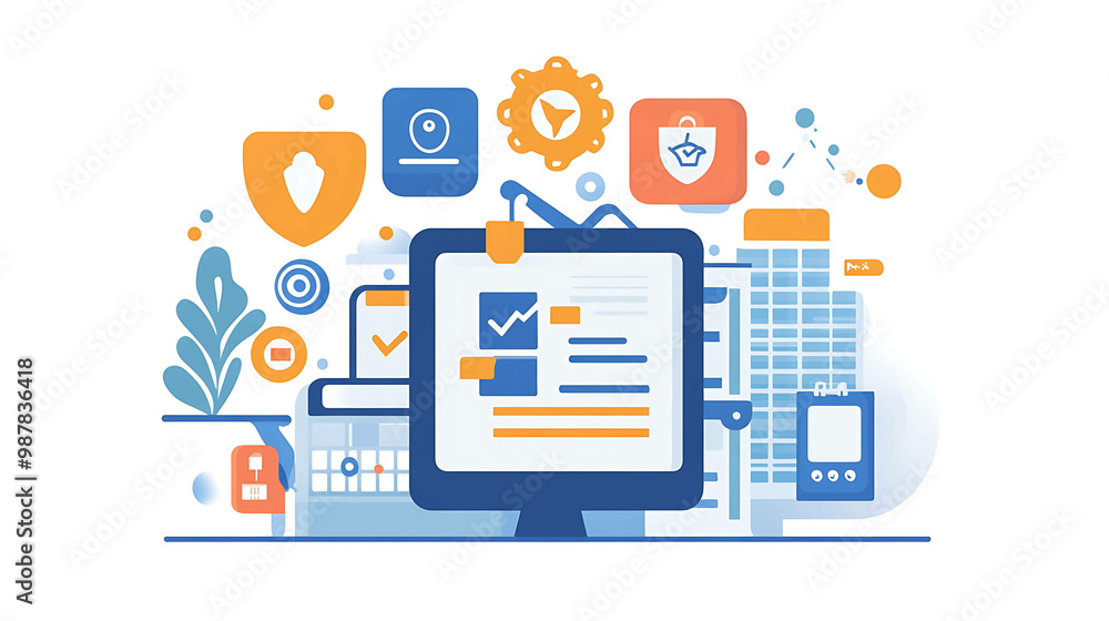 Illustration of a computer monitor with a chart and data report, surrounded by security icons and a building. Illustration of a computer monitor with a chart and data report, surrounded by security icons and a building.