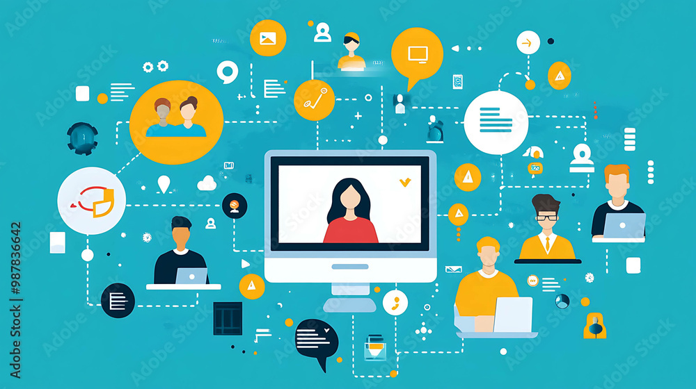 Illustration of a connected network of people working together online. Illustration of a connected network of people working together online.
