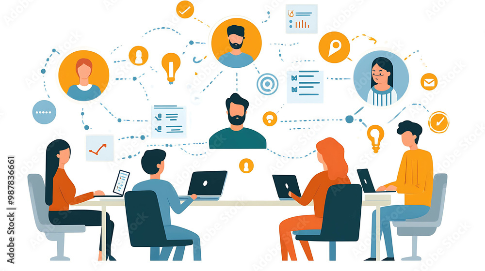 A team of five individuals working together in a collaborative environment, connected with icons representing ideas, tasks, and communication. A team of five individuals working together in a collaborative environment, connected with icons representing ideas, tasks, and communication.