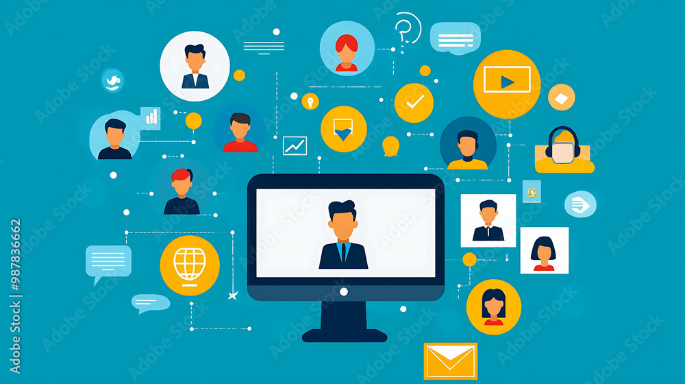 Illustration of a computer monitor connected to various people icons, representing a social network or online community. Illustration of a computer monitor connected to various people icons, representing a social network or online community.