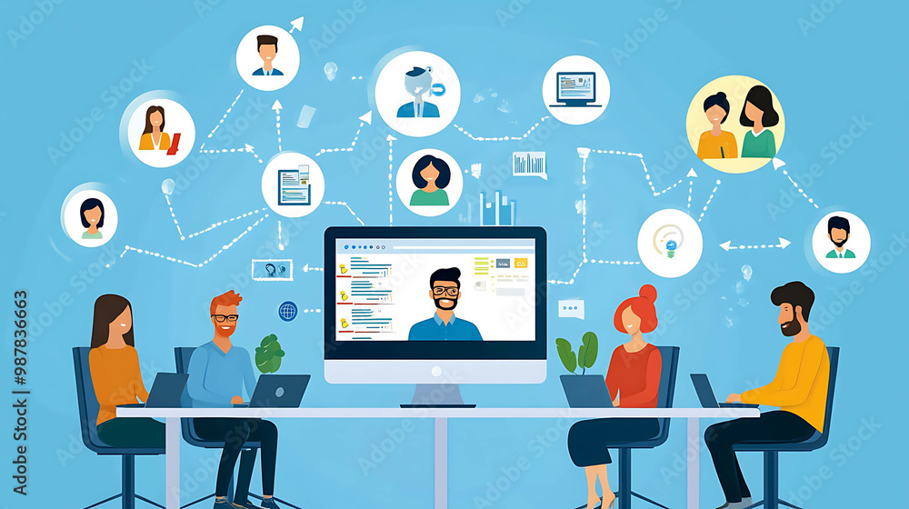 A diverse group of people collaborate on a project through a video call. A diverse group of people collaborate on a project through a video call.
