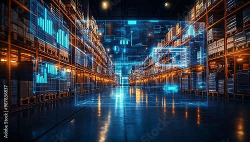 digital warehouse with electronic grids connected to a bar code scanner. 