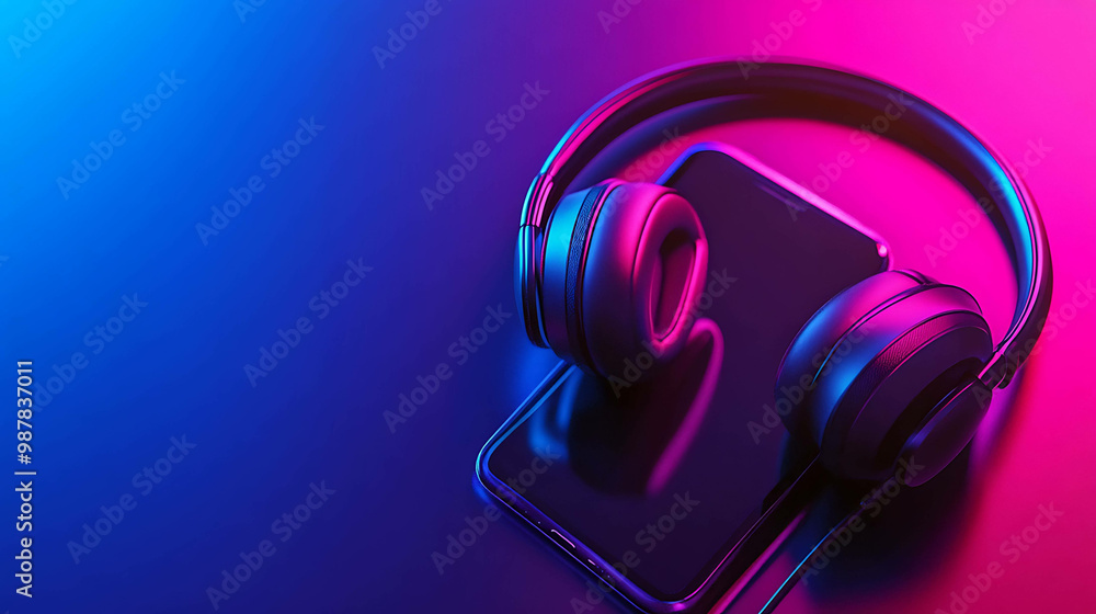 Headphones and smartphone on a blue and pink background. Headphones and smartphone on a blue and pink background.