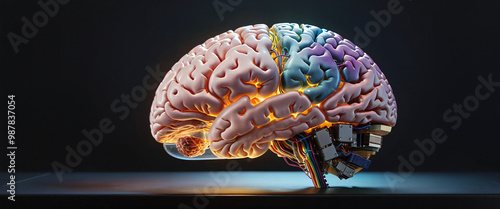 Illustrative representation of a human brain modified with technology and microelectronics, artificial intelligence and the technological modification of the brain photo