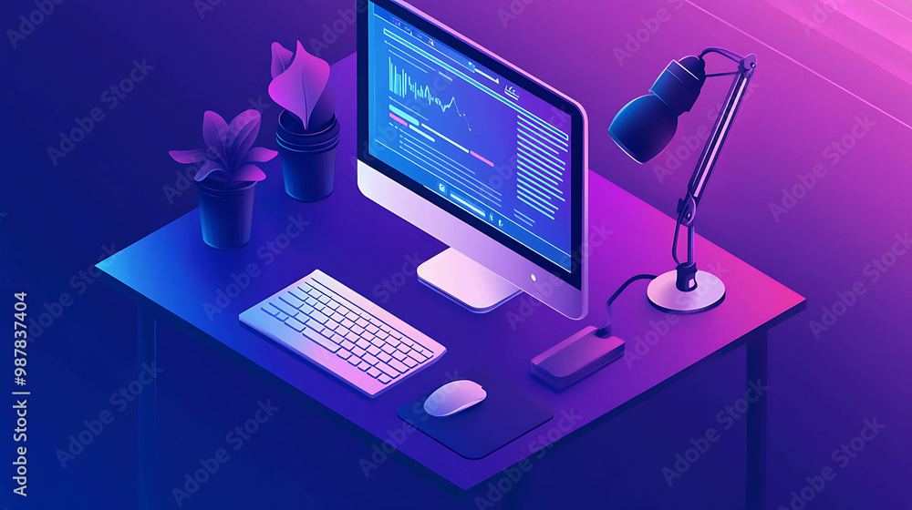 A modern workspace with a computer, keyboard, mouse and desk lamp on a desk with a purple and blue gradient background. A modern workspace with a computer, keyboard, mouse and desk lamp on a desk with a purple and blue gradient background.