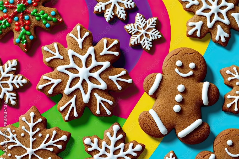 Festive Gingerbread Cookies with Snowflake Star Design on Vibrant Background for Creative Mockups Festive Gingerbread Cookies with Snowflake Star Design on Vibrant Background for Creative Mockups