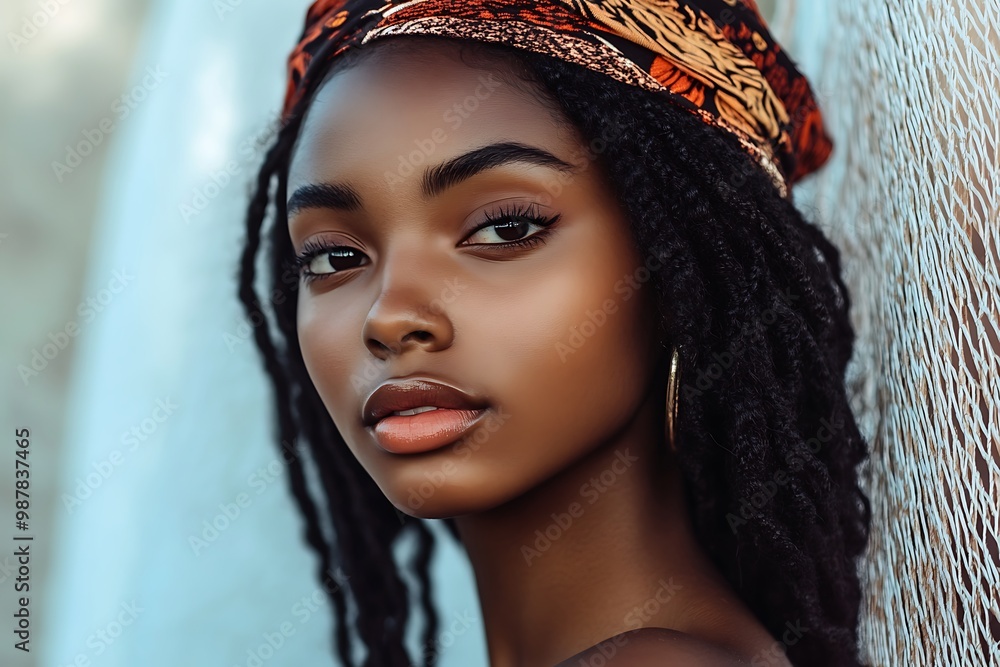 Beautiful black woman posing with headscarf and hoop earrings Beautiful black woman posing with headscarf and hoop earrings