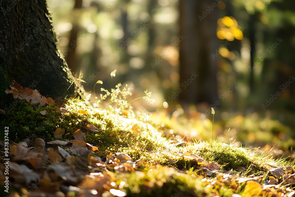 Sunlight shining through forest canopy, illuminating moss and leaves at base of tree Sunlight shining through forest canopy, illuminating moss and leaves at base of tree