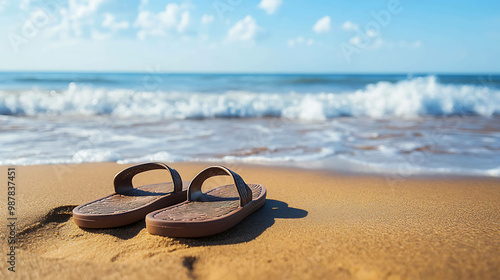 A pair of brown flip flops sit on the beach with the ocean in the background.