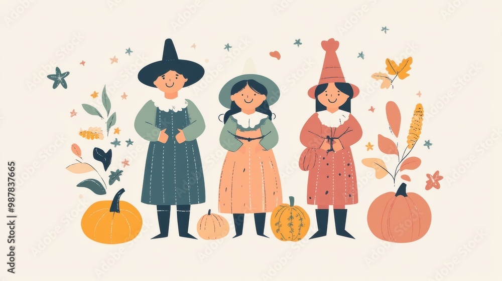 Fototapeta premium Flat design of pilgrim characters in traditional attire, surrounded by festive elements like corn and pumpkins for Thanksgiving