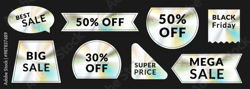A set of luminous holographic, metal tags with discounts for goods. Big discounts on holographic stickers. Foil effect stickers.