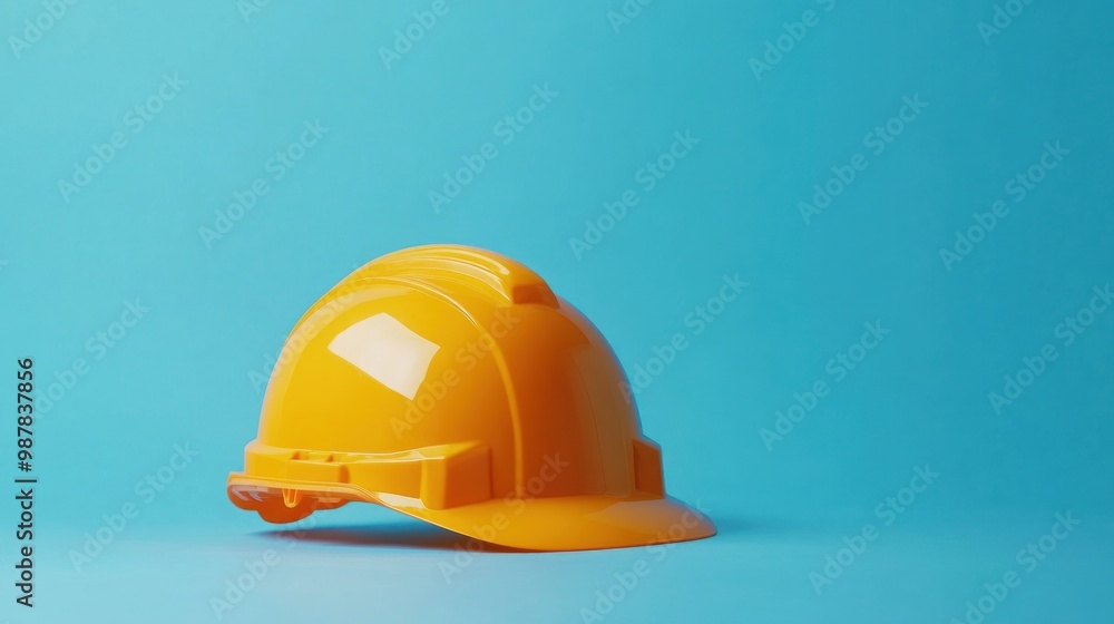 A bright yellow construction helmet on a blue background, symbolizing safety in construction. A bright yellow construction helmet on a blue background, symbolizing safety in construction.