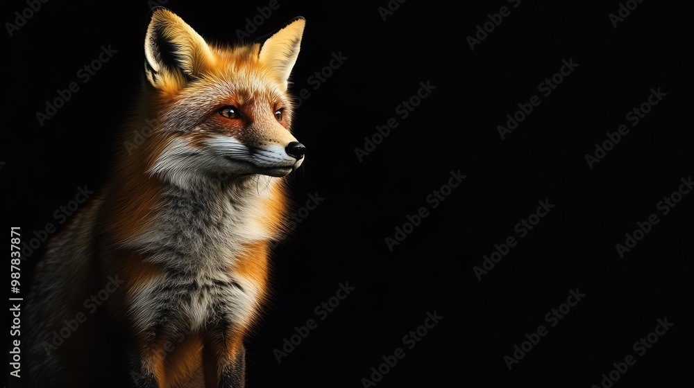 Obraz premium A realistic depiction of a fox against a dark background, showcasing its features and fur.