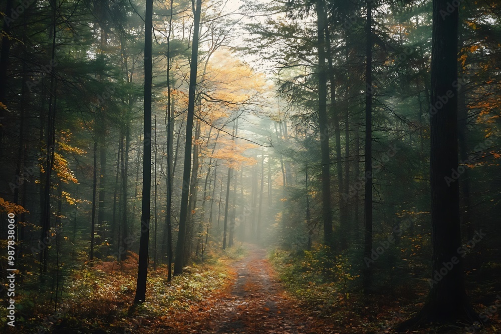 Naklejka premium Sun rays through forest trees in foggy autumn day