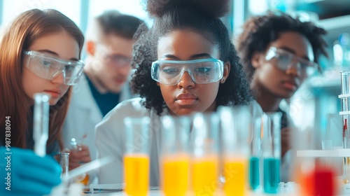 Young Scientists in a Laboratory Examining Liquids in Test Tubes