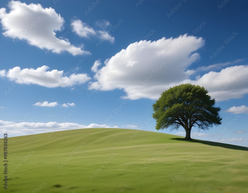 A grassy hill with a lone tree on the horizon under a blue sky with wispy clouds A grassy hill with a lone tree on the horizon under a blue sky with wispy clouds