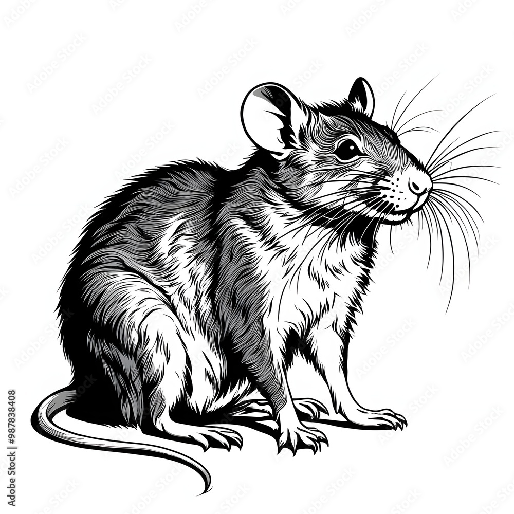 Drawing illustration of a mouse sitting on the floor on white background Drawing illustration of a mouse sitting on the floor on white background