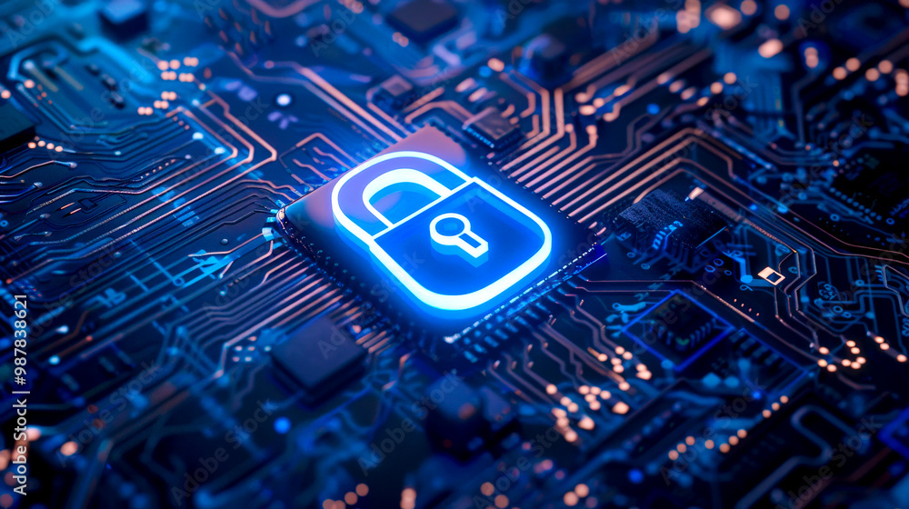 A padlock icon blue on a computer circuit board symbolizing digital security. A padlock icon blue on a computer circuit board symbolizing digital security.