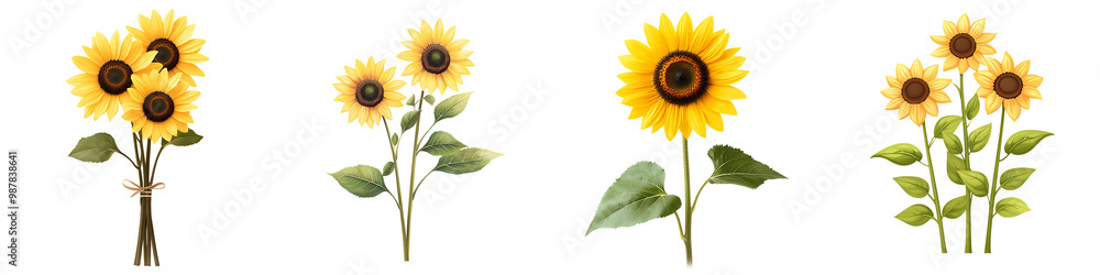Sunflowers with lush green stems, isolated on a white background. transparent background Sunflowers with lush green stems, isolated on a white background. transparent background