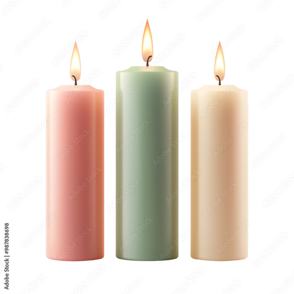 Three colorful candles with flames, white isolate background. transparent background Three colorful candles with flames, white isolate background. transparent background