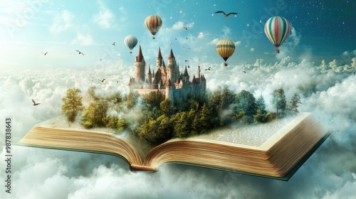 A fantastical scene emerges from an open book, with castles, hot air balloons, and swirling clouds rising from the pages. The magic of a fairy tale world takes flight.