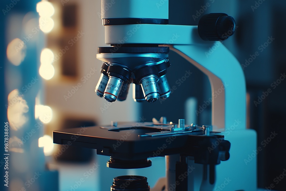 Modern medical microscope standing on table in laboratory at night Modern medical microscope standing on table in laboratory at night