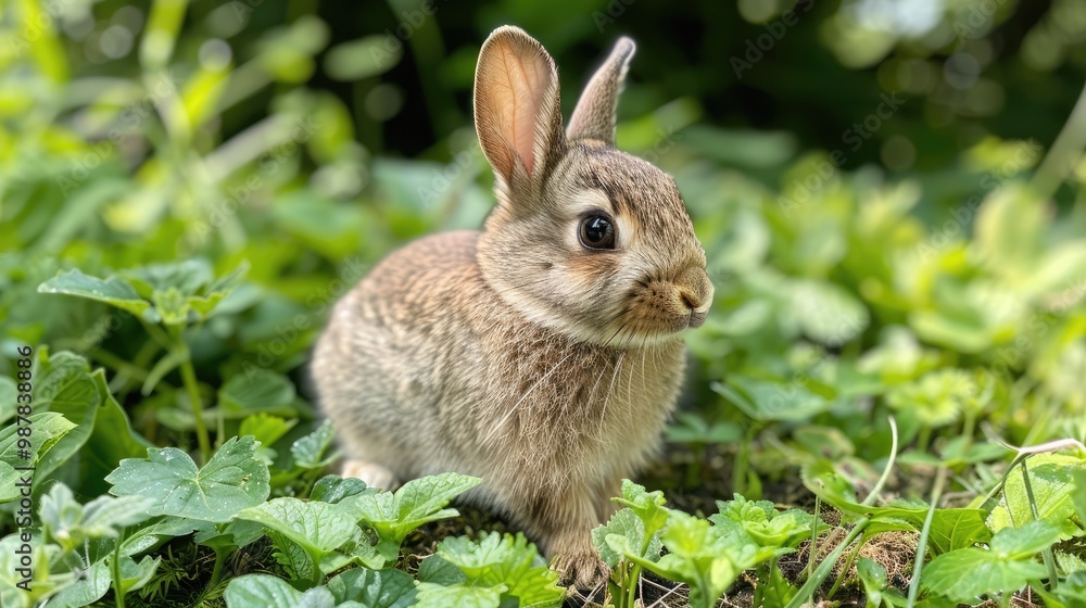 A cute brown rabbit sits in a patch of green grass. The rabbit is looking to the right of the frame. A cute brown rabbit sits in a patch of green grass. The rabbit is looking to the right of the frame.