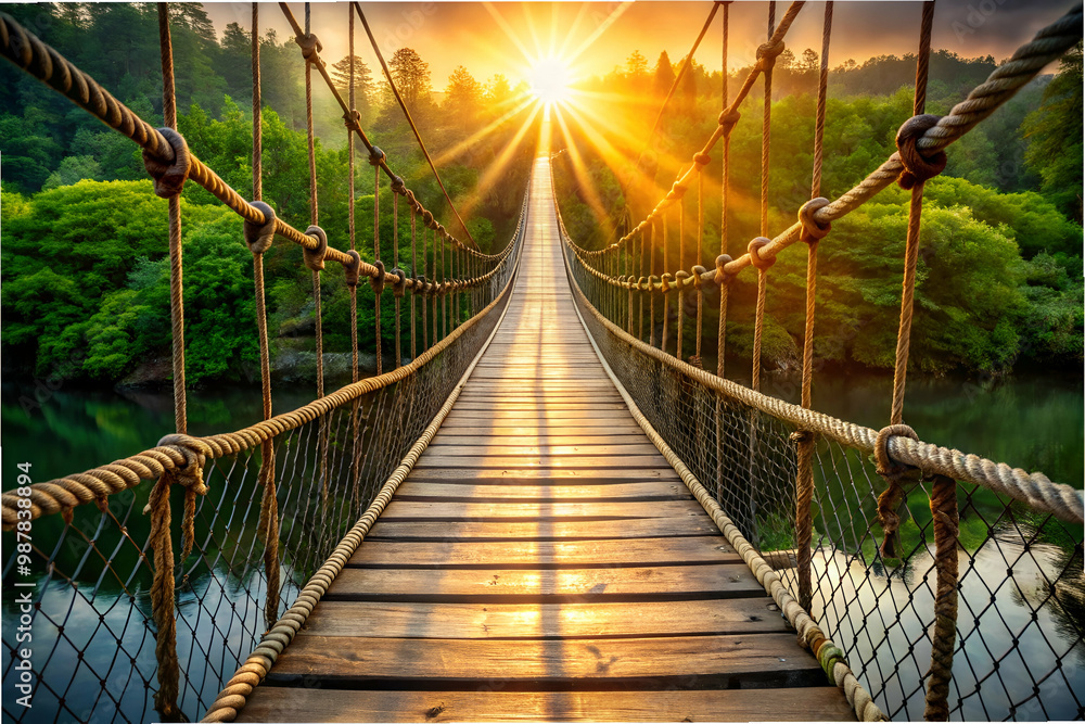 A bridge with a rope bridge over a river. The bridge is surrounded by trees and the sun is shining on it A bridge with a rope bridge over a river. The bridge is surrounded by trees and the sun is shining on it