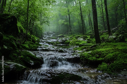 Mystical Forest Stream with Lush Greenery and Foggy Atmosphere