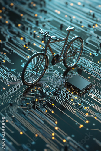 A microchip that powers a futuristic bicycle with a driver behind it  photo