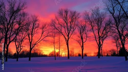  Vivid Winter Sunset Through Bare Trees Over Snow-Covered Landscape