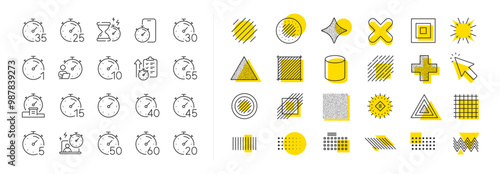 Hourglass, clock time and stopwatch. Design shape elements. Timer line icons. Alarm countdown, sport measurement tool and 1 hour line icons. 10 minutes timer, time report, cook clock. Vector
