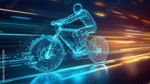 A microchip that powers a futuristic bicycle with a driver behind it  photo