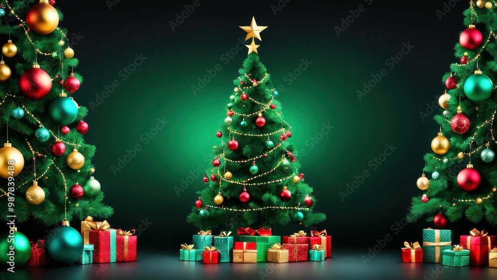 A festive scene featuring three decorated Christmas trees surrounded by colorful presents. A festive scene featuring three decorated Christmas trees surrounded by colorful presents.