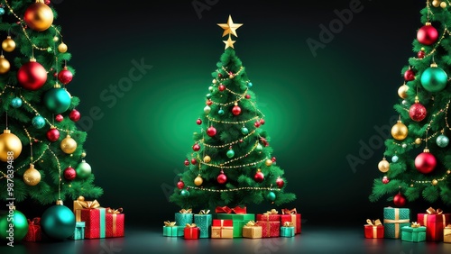 A festive scene featuring three decorated Christmas trees surrounded by colorful presents.